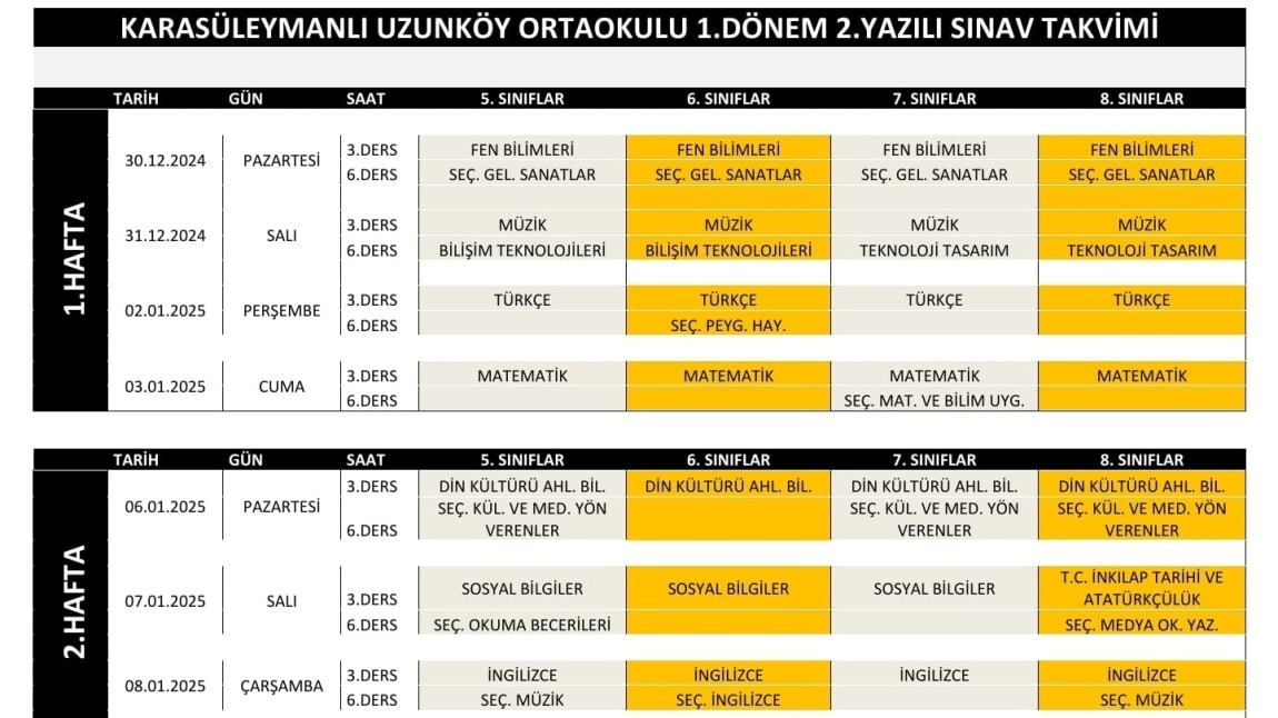 1. Dönem 2. Yazılı Sınav Takvimi 